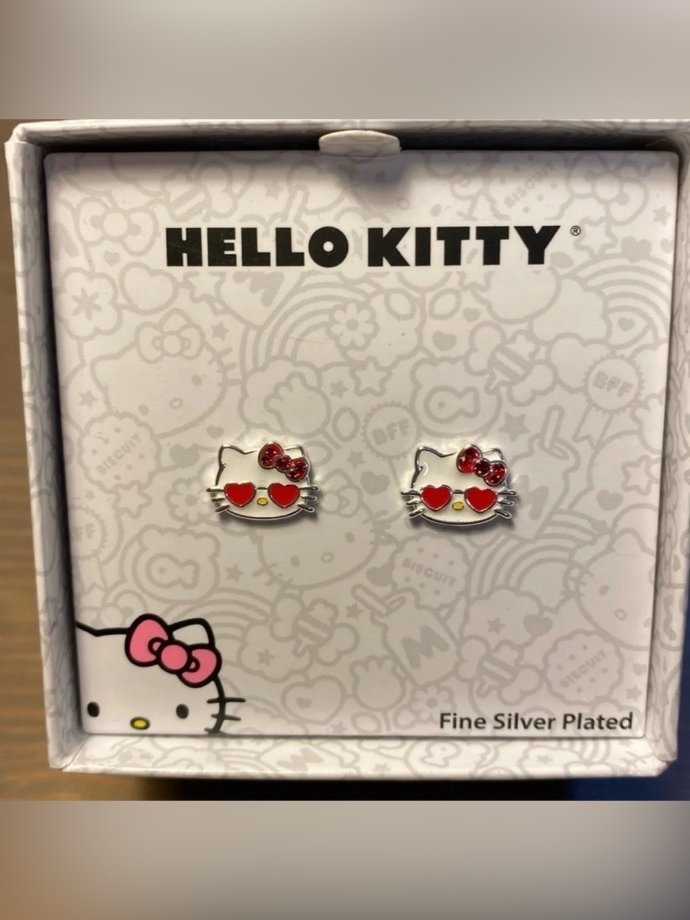 Sanrio Hello Kitty Silver Plated Enamel Heart Sunglasses Stud Earrings NWT Box